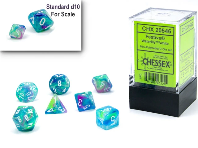 Chessex Festive Mini Polyhedral 7 Die Set - Waterlily/White - Chessex 1 Chessex Festive Mini Polyhedral 7 Die Set - Waterlily/White - Chessex