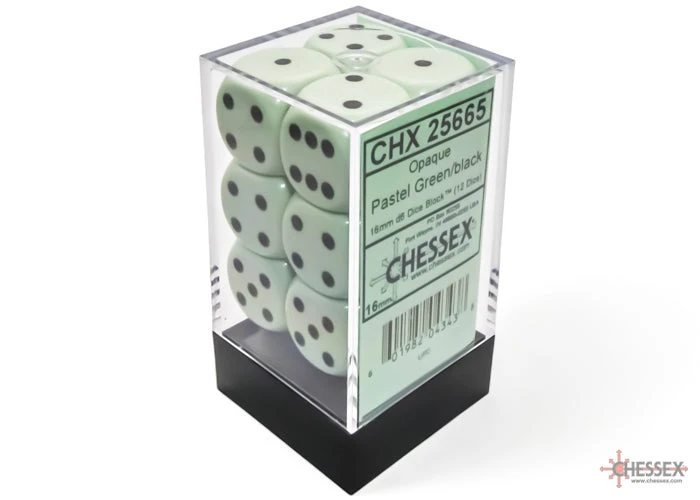 Chessex Opaque 16mm D6 Pastel Green/Black Dice Block (12 Dice) - Chessex 1 Chessex Opaque 16mm D6 Pastel Green/Black Dice Block (12 Dice) - Chessex