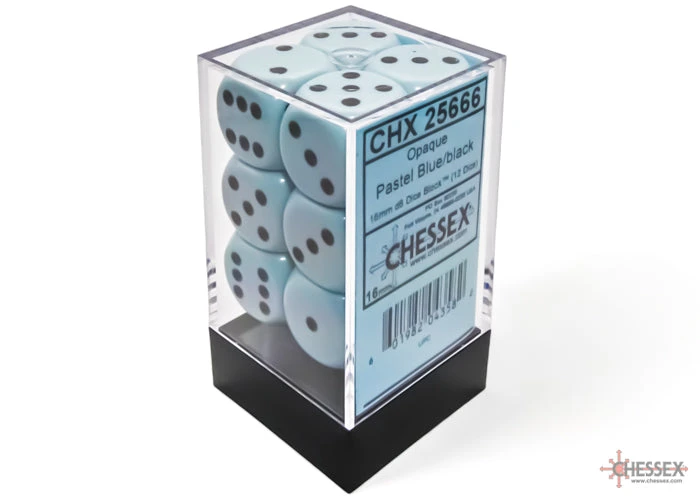 Chessex Opaque 16mm D6 Pastel Blue/Black Dice Block (12 Dice) - Chessex 1 Chessex Opaque 16mm D6 Pastel Blue/Black Dice Block (12 Dice) - Chessex