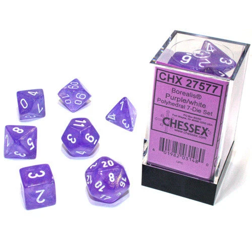 Chessex Borealis Polyhedral 7 Die Set - Purple/White Luminary - Chessex 1 Chessex Borealis Polyhedral 7 Die Set - Purple/White Luminary - Chessex