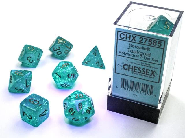 Chessex Borealis Polyhedral 7 Die Set - Teal/Gold Luminary - Chessex 1 Chessex Borealis Polyhedral 7 Die Set - Teal/Gold Luminary - Chessex