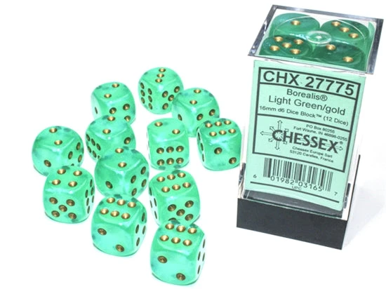 Chessex Borealis Light Green/Gold Luminary 16MM D6 Dice Block (12 Dice) - Chessex 1 Chessex Borealis Light Green/Gold Luminary 16MM D6 Dice Block (12 Dice) - Chessex
