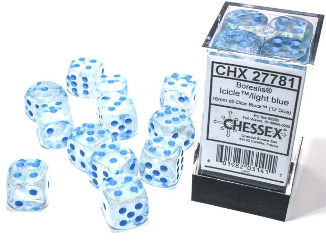 Chessex Borealis Icicle/Light Blue Luminary 16MM D6 Dice Block (12 Dice) - Chessex 1 Chessex Borealis Icicle/Light Blue Luminary 16MM D6 Dice Block (12 Dice) - Chessex