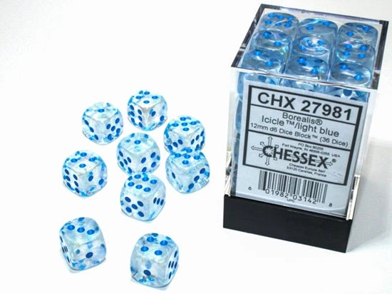 Chessex Borealis Icicle/Light Blue Luminary 12MM D6 Dice Block (36 Dice) - Chessex 1 Chessex Borealis Icicle/Light Blue Luminary 12MM D6 Dice Block (36 Dice) - Chessex