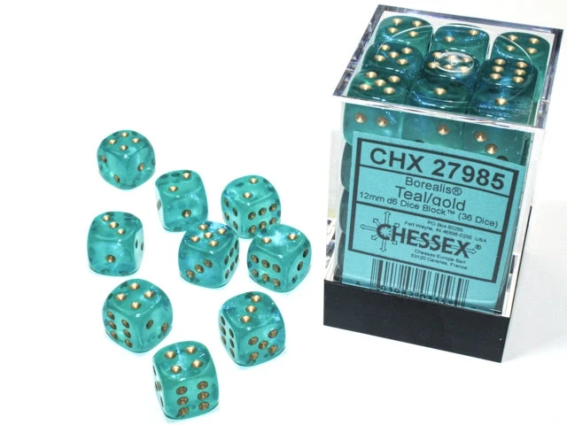 Chessex Borealis Teal/Gold Luminary 12MM D6 Dice Block (36 Dice) - Chessex 1 Chessex Borealis Teal/Gold Luminary 12MM D6 Dice Block (36 Dice) - Chessex