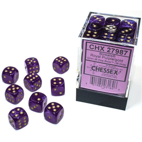 Chessex Borealis Royal Purple/Gold Luminary 12MM D6 Dice Block (36 Dice) - Chessex 1 Chessex Borealis Royal Purple/Gold Luminary 12MM D6 Dice Block (36 Dice) - Chessex